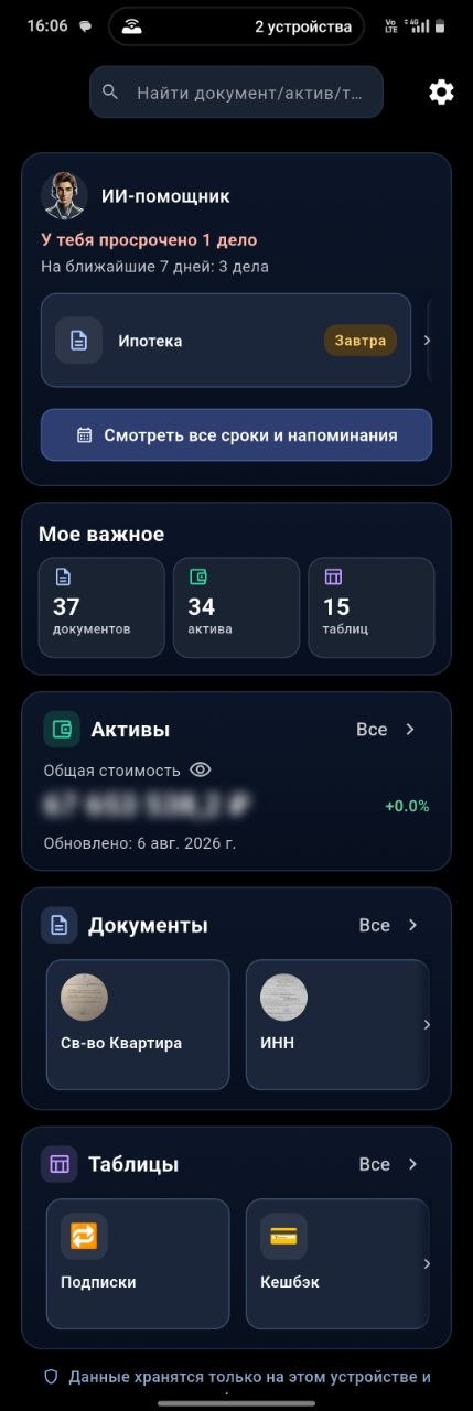Главный экран мобильного приложения Enti с ассистентом, напоминаниями, документами, активами и таблицами